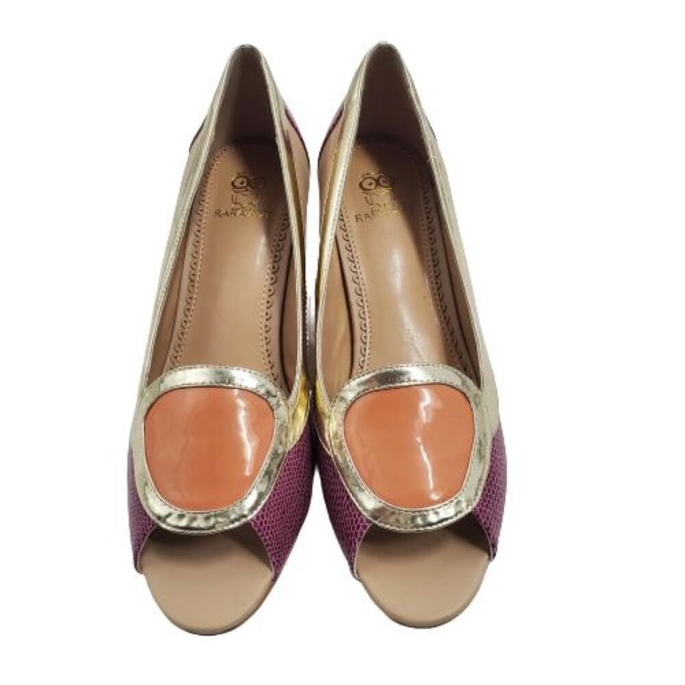 Rara Avis Women's Tan Purple Orange Block Heel Peep Toe Pumps Size 7 M - Picture 5 of 12